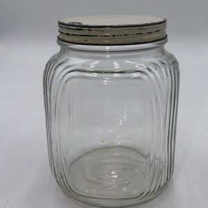 Vintage Glass Jar Canister Hoosier Cabinet Square Ribbed w/White Metal Lid 7"